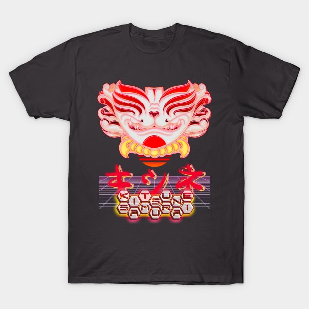 Vaporwave Kitsune Samurai Mask キツネ - retro futuristic Japanese fox motif T-Shirt by SamInJapan